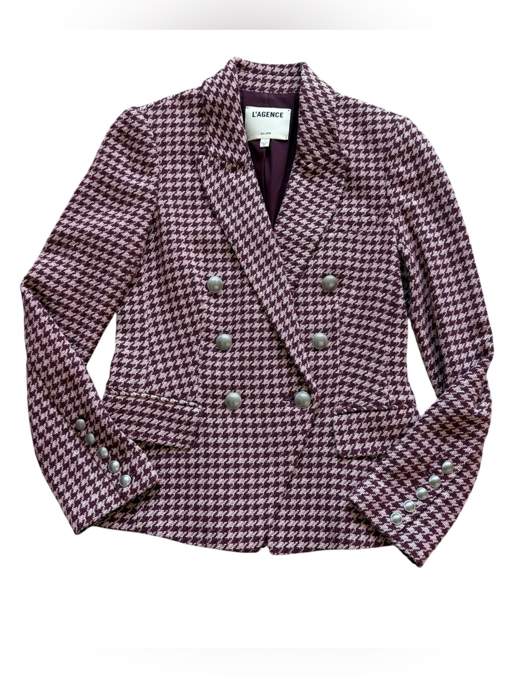 L’AGENCE Kenzie Houndstooth Tweed Double Breasted Blazer Burgundy Pink 4 Office